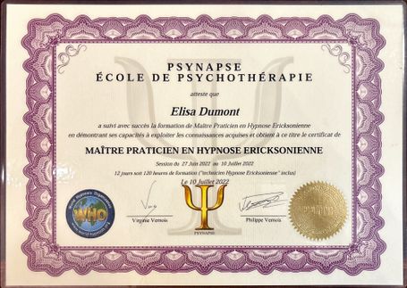 Diplôme Maître en hypnose Ericksonienne à Toulouse